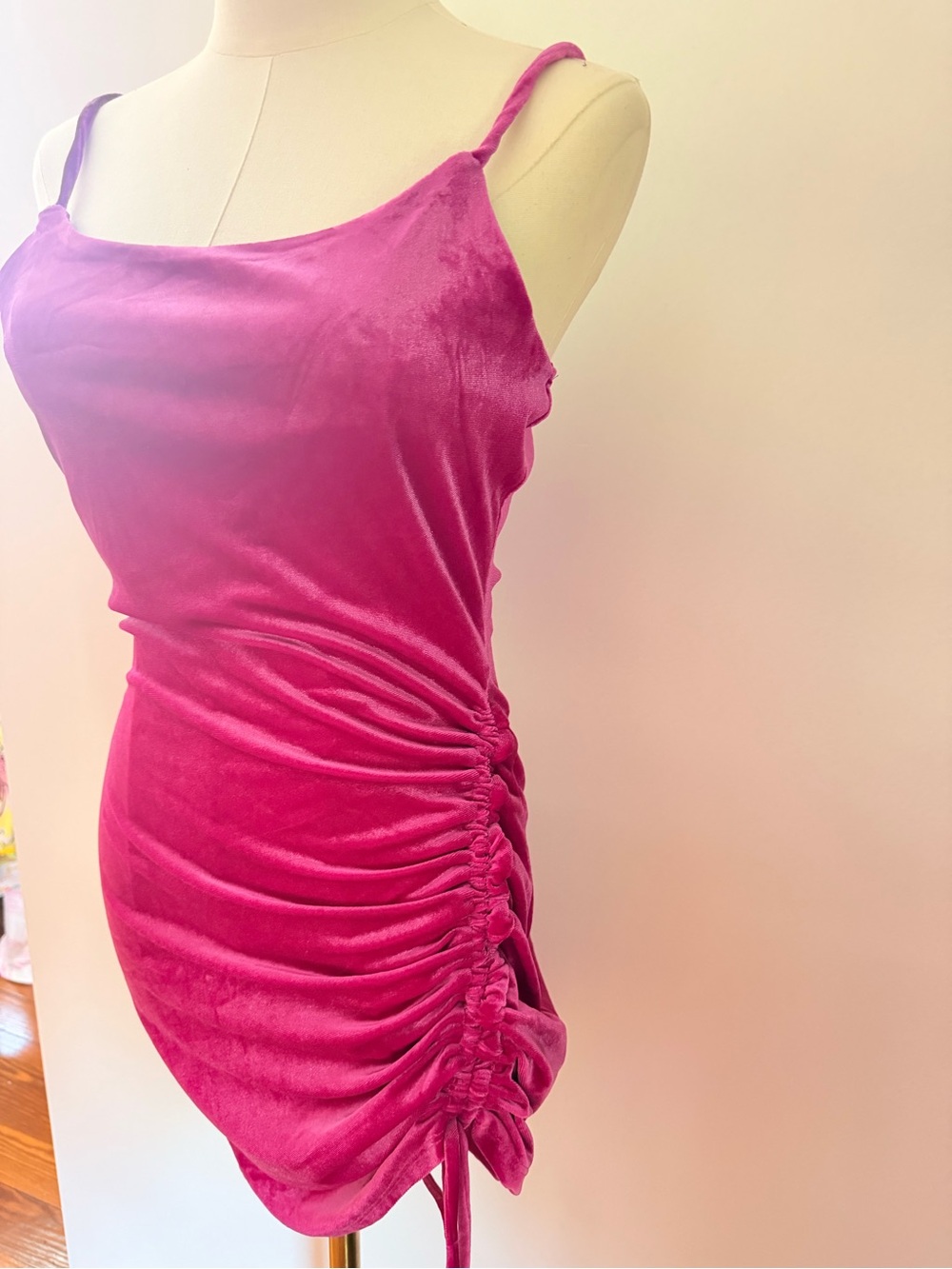 Fuchsia Velvet Ruched Mini Dress - Picture 2 of 5
